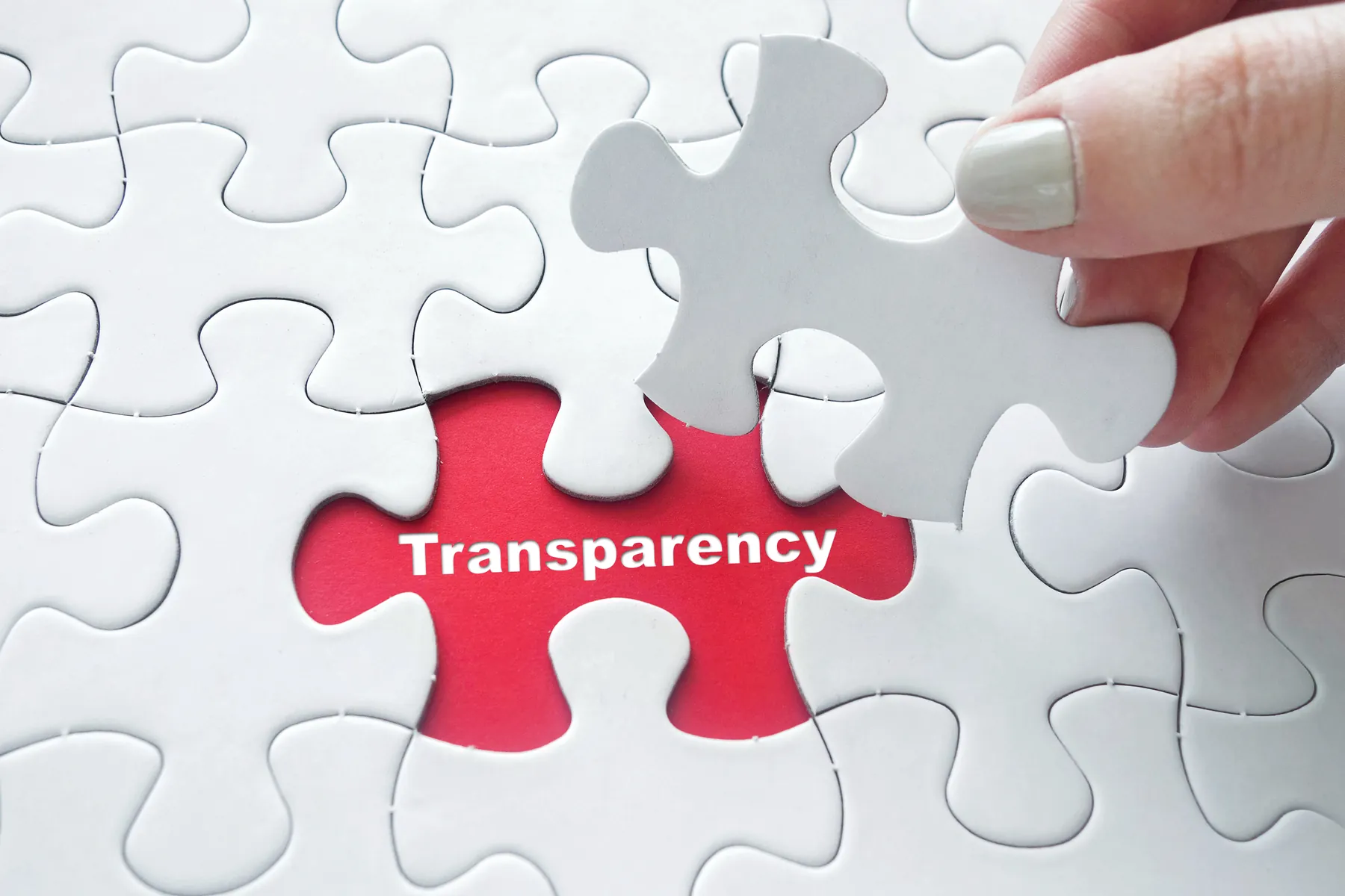 Una mano coloca una pieza de rompecabezas sobre la palabra “Transparency”